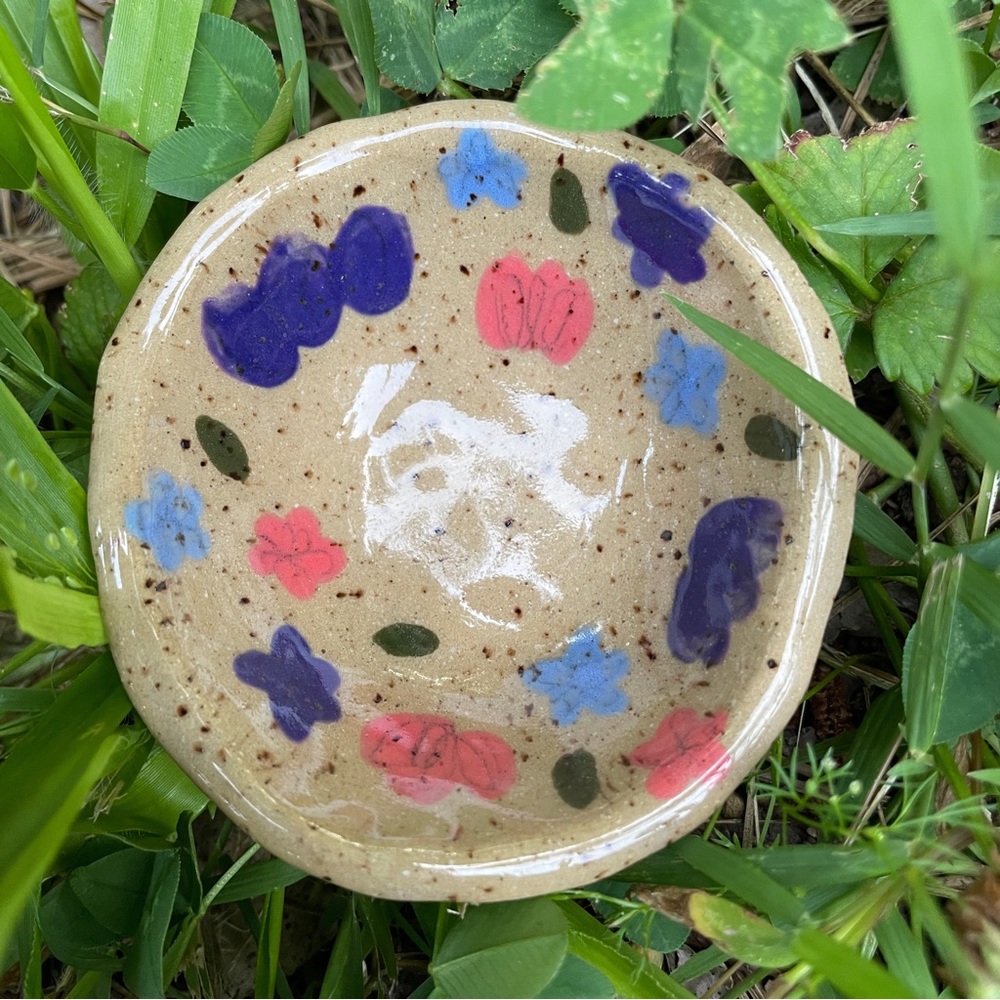 🌼 Handmade Ceramics Floral Ring Dish-Pinch Pot with pink, purple & blue flowers